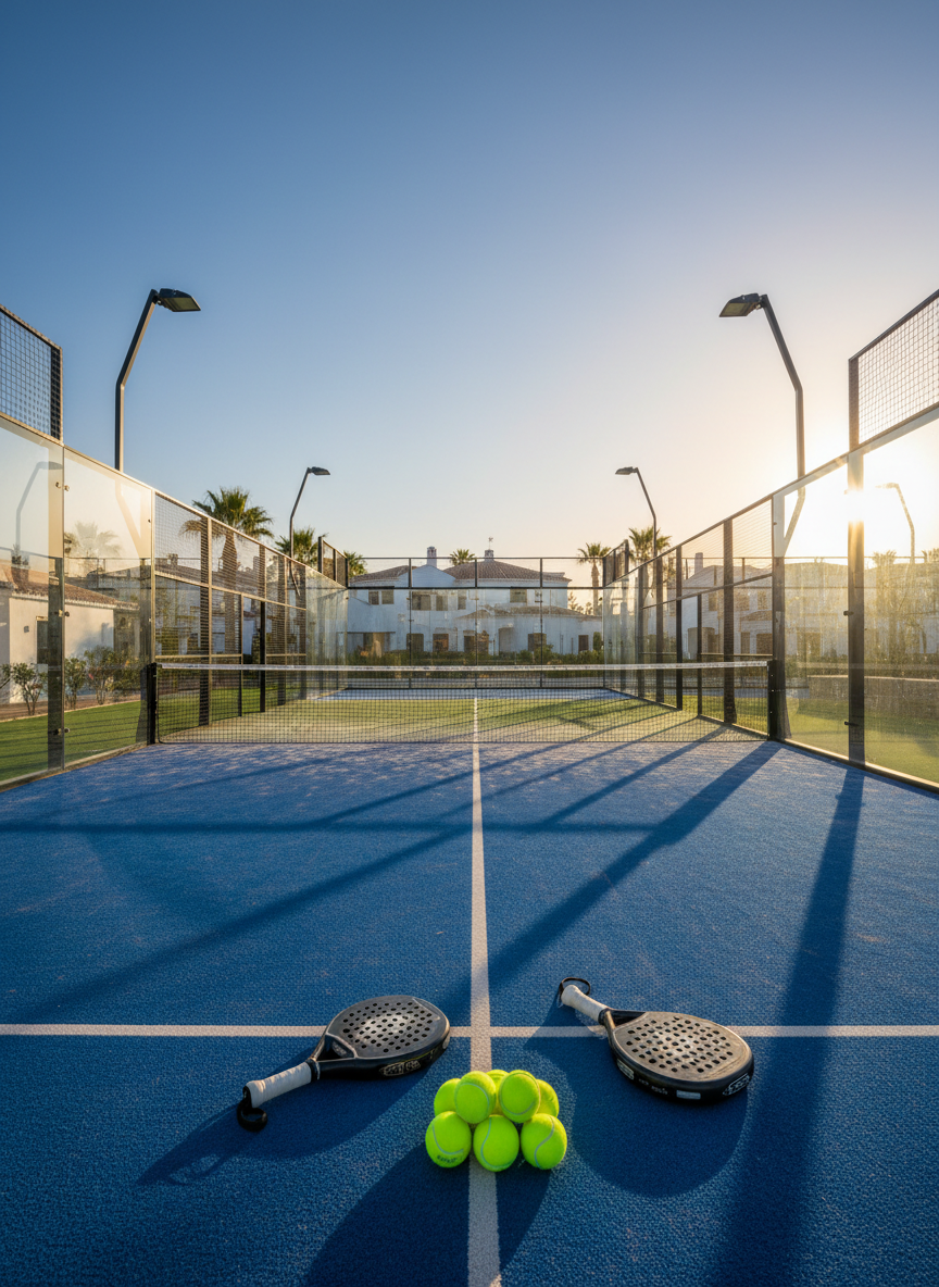 A modern padel court complex in the Algarve under clear blue skies, featuring pristine blue and green synthetic courts enclosed by glass and metal fencing. In the foreground, several neatly arranged padel rackets and fresh yellow balls rest on the textured court surface, suggesting active play without showing any people. Low white buildings with terracotta roofs and palm trees frame the background, hinting at resort-style facilities. Captured in photographic realism at golden hour, warm sunlight casts long, crisp shadows and highlights the vivid colors. Shot from a slightly elevated angle with sharp focus throughout, the mood is professional, energetic, and inviting, ideal as a hero image for a premium padel tour business.