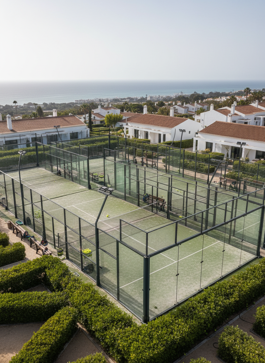 A panoramic, photographic view of multiple padel courts within a partnered Algarve sports facility, arranged in a neat grid pattern, each court separated by glass walls and metal frames. Some courts show balls placed near the net and rackets resting on benches, suggesting different playing levels and ongoing coaching sessions without including people. Surrounding the courts are manicured hedges, low white buildings, and glimpses of the distant Atlantic coast. Captured from a high, slightly diagonal angle during bright but soft afternoon light, the image has sharp focus and balanced composition, conveying scale, organization, and the professional infrastructure behind tailored padel tours, corporate events, and competitions.