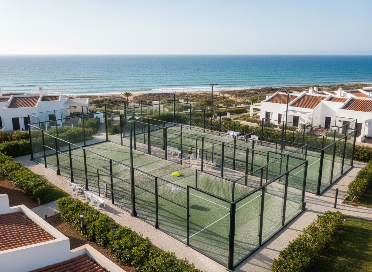 A panoramic, photographic view of multiple padel courts within a partnered Algarve sports facility, arranged in a neat grid pattern, each court separated by glass walls and metal frames. Some courts show balls placed near the net and rackets resting on benches, suggesting different playing levels and ongoing coaching sessions without including people. Surrounding the courts are manicured hedges, low white buildings, and glimpses of the distant Atlantic coast. Captured from a high, slightly diagonal angle during bright but soft afternoon light, the image has sharp focus and balanced composition, conveying scale, organization, and the professional infrastructure behind tailored padel tours, corporate events, and competitions.