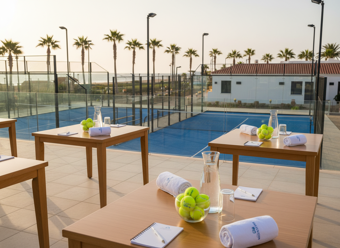 A serene Algarve resort terrace overlooking padel courts below, designed for corporate and group events. In the foreground, polished wooden tables are set with chilled water carafes, notepads, and neatly stacked towels, while branded padel balls are arranged in glass bowls as a subtle sports-themed accent. Beyond the glass balustrade, impeccably maintained blue courts stretch out under the sun, framed by palm trees and low, stylish club buildings. Photographic realism with warm, late-afternoon coastal lighting creates a relaxed yet professional atmosphere. Shot from an elevated eye-level angle using the rule of thirds, with the terrace details in crisp focus and the courts slightly softer, ideal for illustrating business-friendly padel retreats.