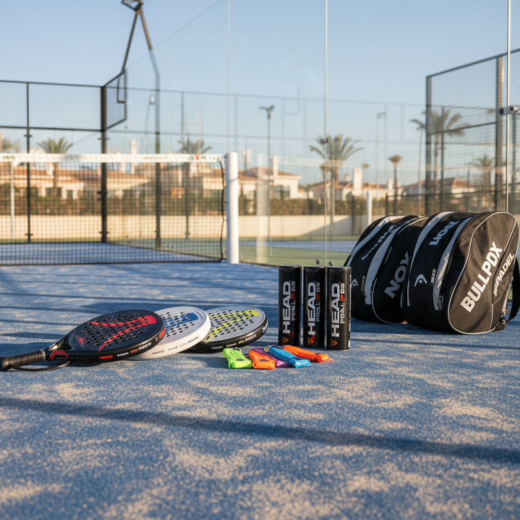An organized display of premium padel equipment laid out on a well-maintained Algarve court, including high-end rackets with carbon-fiber textures, fresh pressurized ball cans, branded overgrips, and sleek sports bags lined up beside the glass wall. The court surface shows subtle wear from regular play, emphasizing authenticity and year-round use. Soft late-morning sunlight filters across the scene, creating gentle reflections on the glass panels and faint shadows from the net posts. Photographic realism with a clean, modern aesthetic, shot at eye level using shallow depth of field so the foreground gear is in sharp focus while the far end of the court and distant palm trees blur into a pleasant bokeh, evoking a professional yet fun atmosphere.
