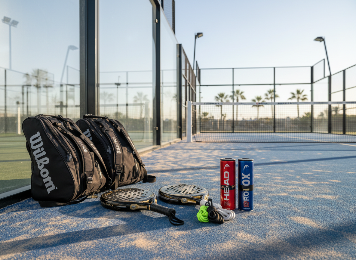 An organized display of premium padel equipment laid out on a well-maintained Algarve court, including high-end rackets with carbon-fiber textures, fresh pressurized ball cans, branded overgrips, and sleek sports bags lined up beside the glass wall. The court surface shows subtle wear from regular play, emphasizing authenticity and year-round use. Soft late-morning sunlight filters across the scene, creating gentle reflections on the glass panels and faint shadows from the net posts. Photographic realism with a clean, modern aesthetic, shot at eye level using shallow depth of field so the foreground gear is in sharp focus while the far end of the court and distant palm trees blur into a pleasant bokeh, evoking a professional yet fun atmosphere.