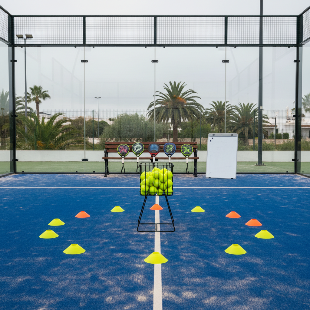 A carefully arranged coaching setup on an Algarve padel court, featuring a sturdy metal ball basket brimming with bright yellow balls, portable cones marking practice zones, and a tactical whiteboard propped against the glass wall—shown blank to avoid text. The court surface looks freshly brushed, and a row of neatly lined rackets rests on a nearby bench. Soft, even morning light from an overcast sky minimizes harsh shadows, emphasizing clarity and professionalism. Shot from a slightly elevated angle in photographic realism with sharp focus throughout, the mood is structured yet welcoming, ideal for showcasing personalized coaching, skill-level matching, and training camps as part of comprehensive padel tours.