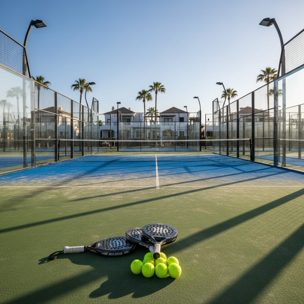 A modern padel court complex in the Algarve under clear blue skies, featuring pristine blue and green synthetic courts enclosed by glass and metal fencing. In the foreground, several neatly arranged padel rackets and fresh yellow balls rest on the textured court surface, suggesting active play without showing any people. Low white buildings with terracotta roofs and palm trees frame the background, hinting at resort-style facilities. Captured in photographic realism at golden hour, warm sunlight casts long, crisp shadows and highlights the vivid colors. Shot from a slightly elevated angle with sharp focus throughout, the mood is professional, energetic, and inviting, ideal as a hero image for a premium padel tour business.