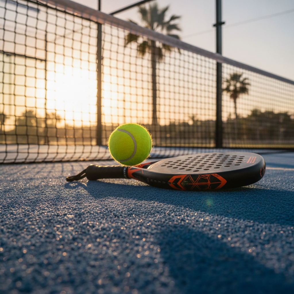 A dynamic close-up, photographic image of a padel ball frozen mid-bounce near the net on an Algarve court, its bright yellow felt sharply detailed against the textured blue surface. Behind it, a high-quality racket lies on the ground angled toward the viewer, showing intricate grip patterns and a modern perforated face. The glass wall and distant palm silhouettes form a softly blurred background. Captured at low angle with shallow depth of field during golden hour, warm sunlight streaks across the court, creating dramatic highlights and elongated shadows. The composition feels energetic and competitive yet playful, perfectly representing the mix of coaching, fun matches, and tournaments offered on tailored padel tours.