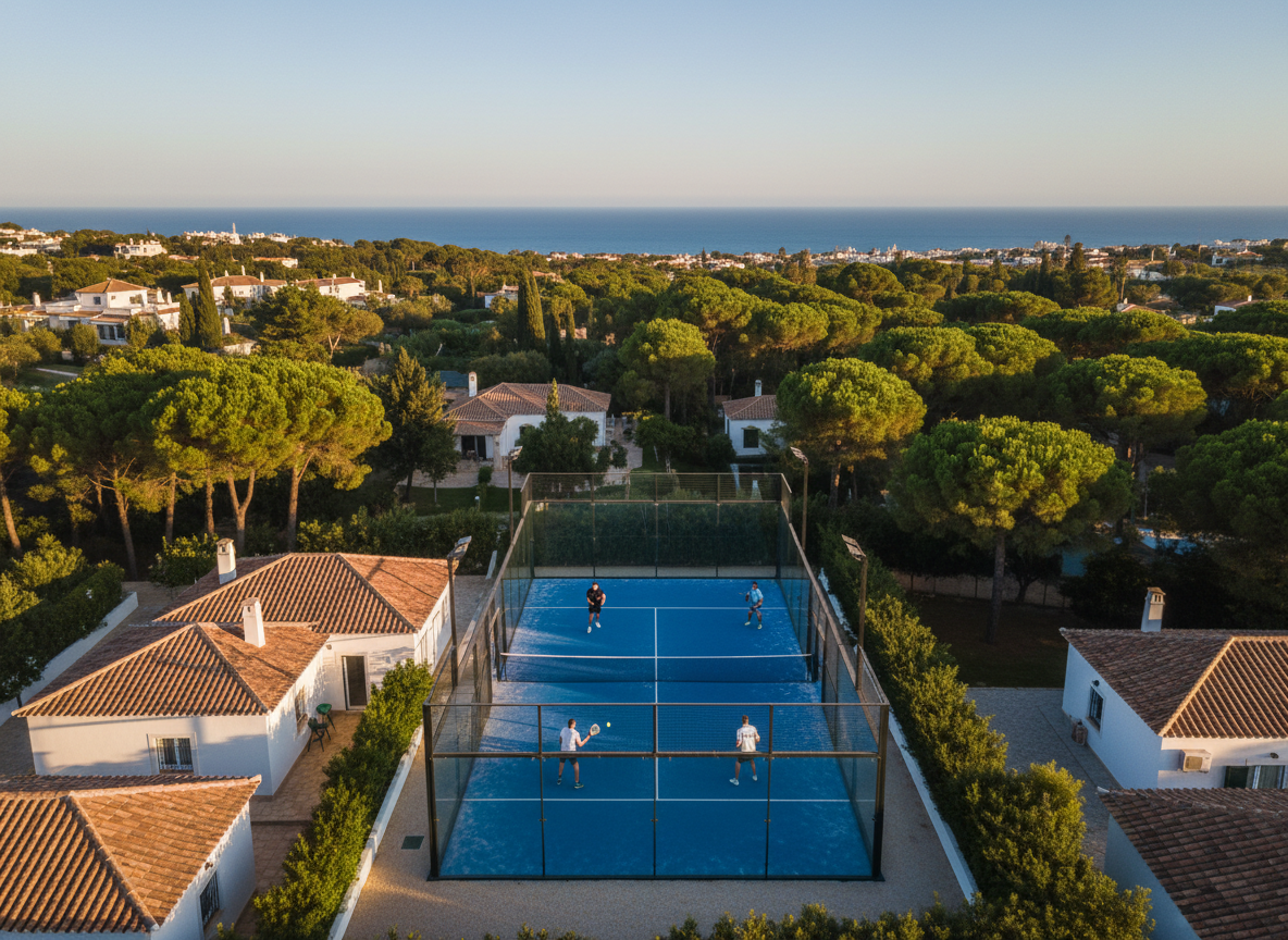 Stunning aerial drone view of a padel tennis court in the Algarve, Portugal. Bright Mediterranean sunshine, terracotta rooftops and lush green pine trees surrounding the court. Crystal blue sky, golden light, warm summer atmosphere. Two teams of players visible on the court from above. Photorealistic, high quality drone photography.