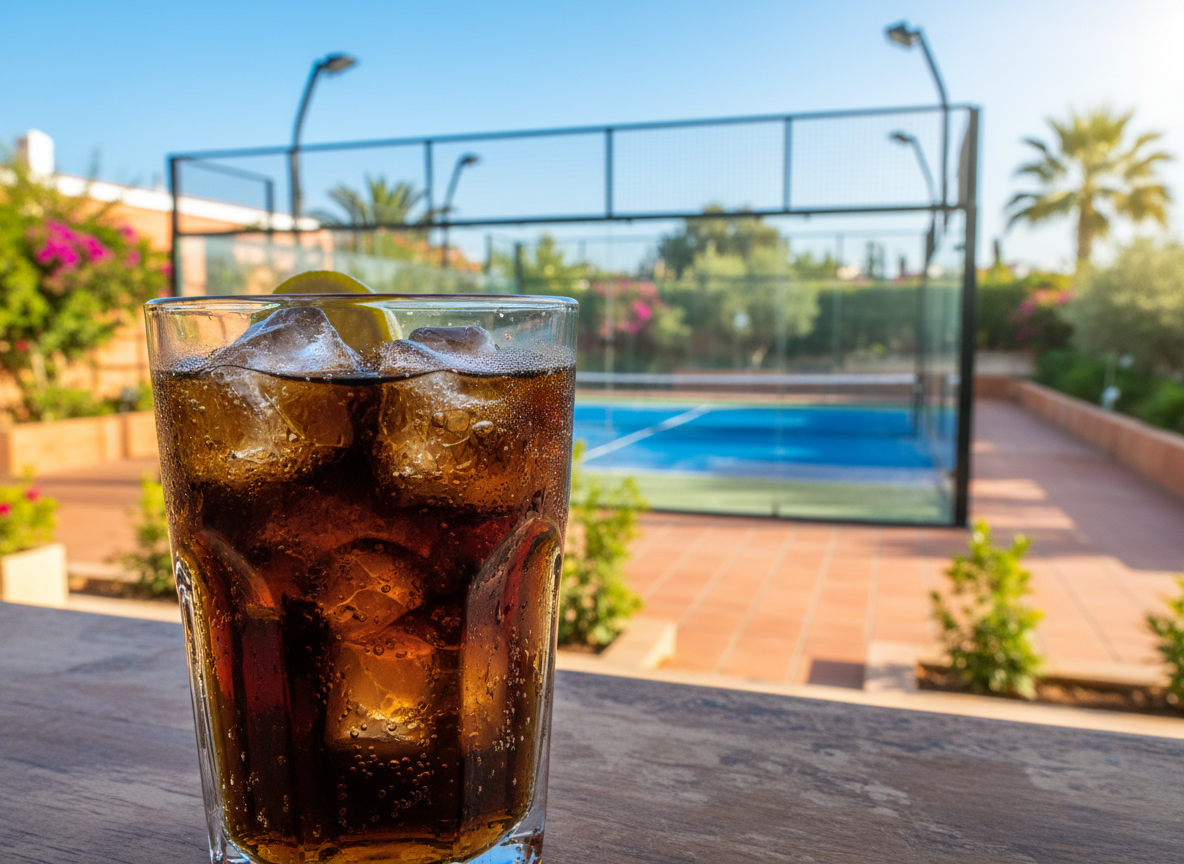 A refreshing glass of cola with ice cubes in the foreground, condensation on the glass, with a beautiful sunny padel court in the Algarve, Portugal visible in the soft-focus background. Warm Mediterranean sunshine, lush greenery, terracotta surroundings. Lifestyle photography style, photorealistic, vibrant colours.