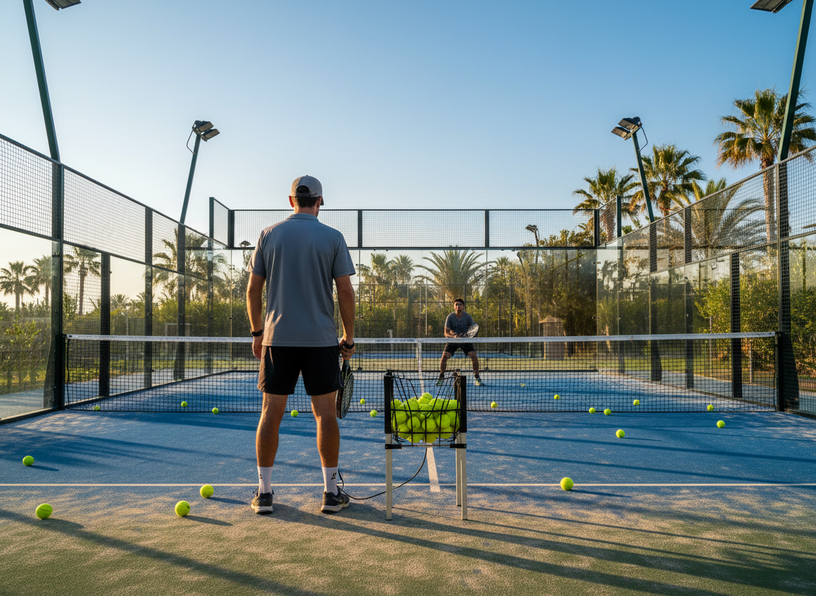 A padel coach photographed from behind on a sunny outdoor padel court in the Algarve, Portugal. Shot from directly behind so the coach's face is completely hidden and unidentifiable. The coach is standing at the baseline with a ball-serving machine in front of them pointing down the court. Dozens of padel balls scattered across the court floor everywhere. On the other side of the net, another player is visible in ready position facing the coach, waiting to receive. Warm Mediterranean sunshine, blue sky, green surroundings. Photorealistic sports coaching photography style.