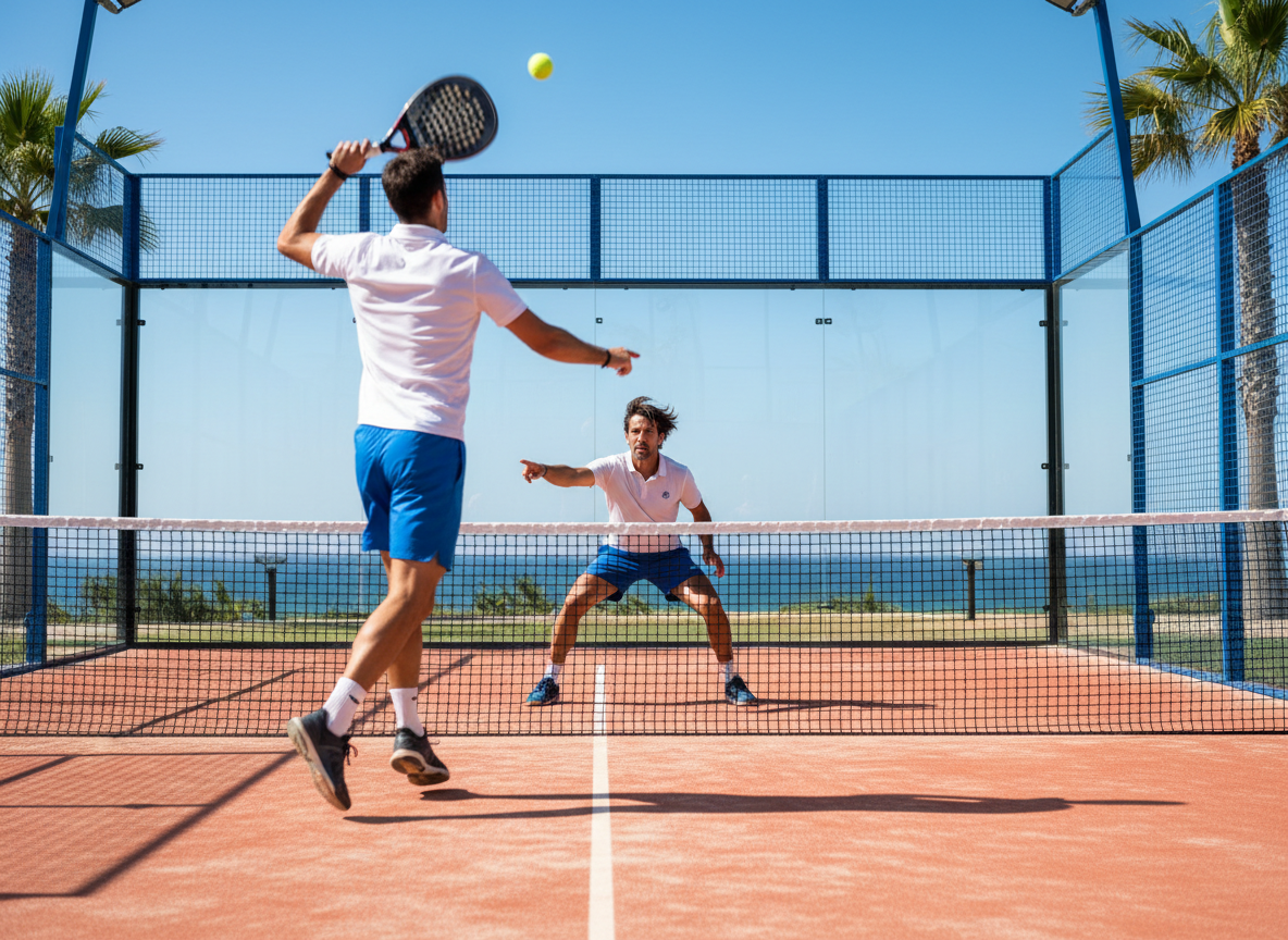A dramatic, dynamic action shot on a sunny outdoor padel court in the Algarve, Portugal. Shot from directly behind a player who is leaping into the air, racket raised high above their head, smashing the ball with full power — completely unidentifiable from behind. On the other side of the net, a Portuguese-looking man in his mid-30s, dark hair, athletic build, is in a wide athletic stance, one arm outstretched pointing and gesturing to guide the player's positioning. His expression is intense and focused. Motion blur on the smashing player, dramatic sunlight casting long shadows across the court, blue sky, vivid colours, photorealistic sports coaching photography.