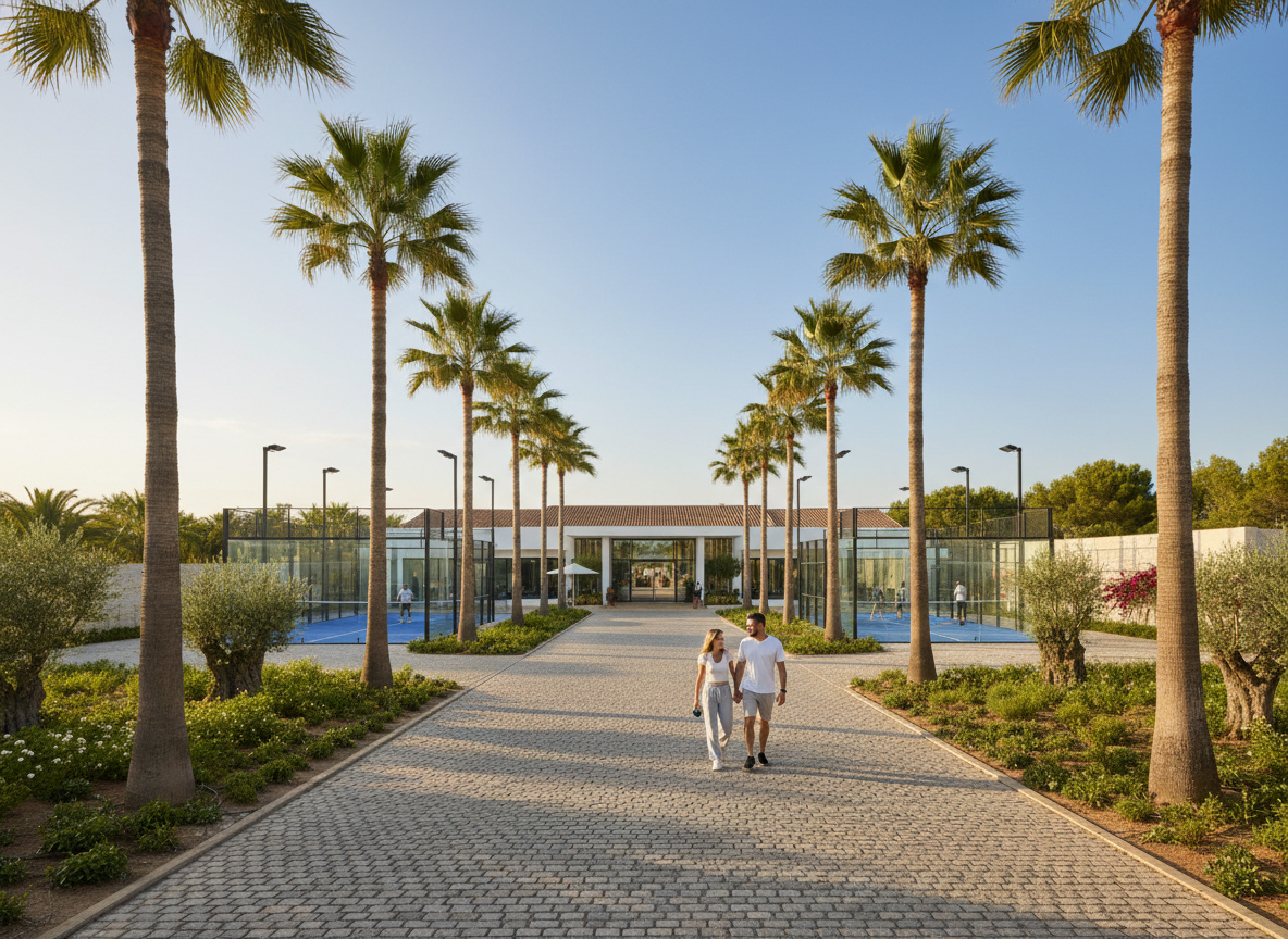 A stunning palm tree lined driveway leading to a padel club in the Algarve, Portugal. Tall swaying palm trees on both sides of a wide, sun-drenched pathway. Warm golden Mediterranean sunshine filtering through the palm fronds. A padel club building visible at the end of the driveway. Vibrant green surroundings, blue sky, photorealistic lifestyle photography style.