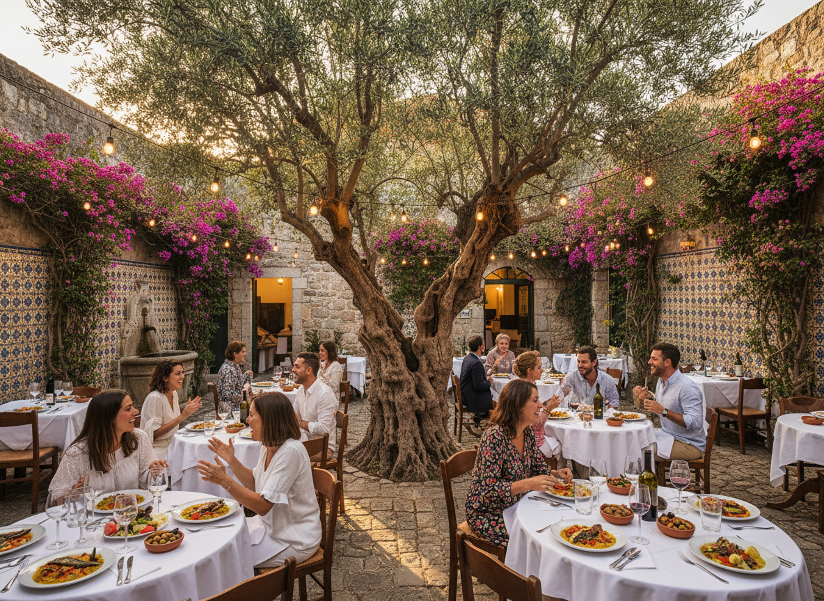 People dining and socialising in a beautiful traditional Portuguese courtyard restaurant. A large ancient gnarled olive tree dominates the centre of the courtyard, its twisted trunk and silvery-green leaves providing dappled shade over the tables. Rustic stone walls covered in terracotta tiles and climbing bougainvillea. Round wooden tables with white linen, local wine glasses, terracotta plates of food. Warm golden evening light, string lights hanging overhead, relaxed Mediterranean ambiance. Photorealistic lifestyle restaurant photography style.