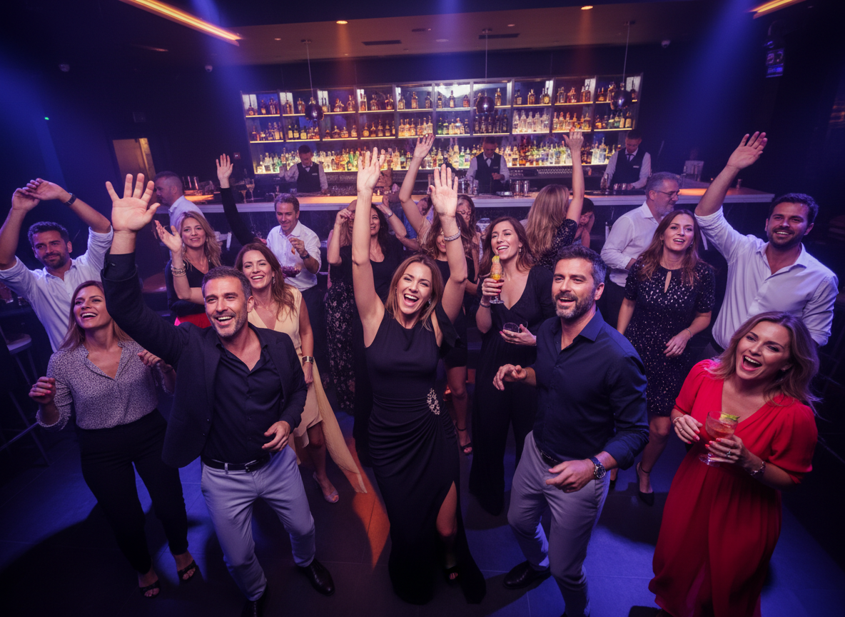 A fun, vibrant and classy nightclub scene in the Algarve, Portugal. A lively crowd of attractive well-dressed people in their 30s and 40s dancing, laughing, arms in the air, genuinely having a great time on a busy dance floor. Colourful dynamic lighting — blues, purples, warm ambers. A stylish modern bar in the background, people holding cocktails, big smiles everywhere. Real energy and movement, people letting loose but still upscale and tasteful. Not stiff or posed — genuine fun. Photorealistic lifestyle nightlife photography style.