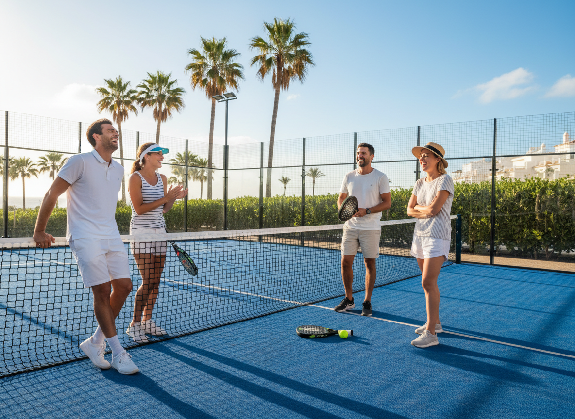 Friends enjoying a relaxed social padel match in the Algarve sunshine