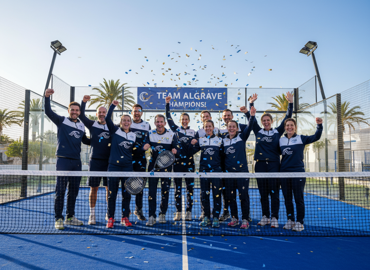 Corporate group celebrating together after a padel team-building session in the Algarve
