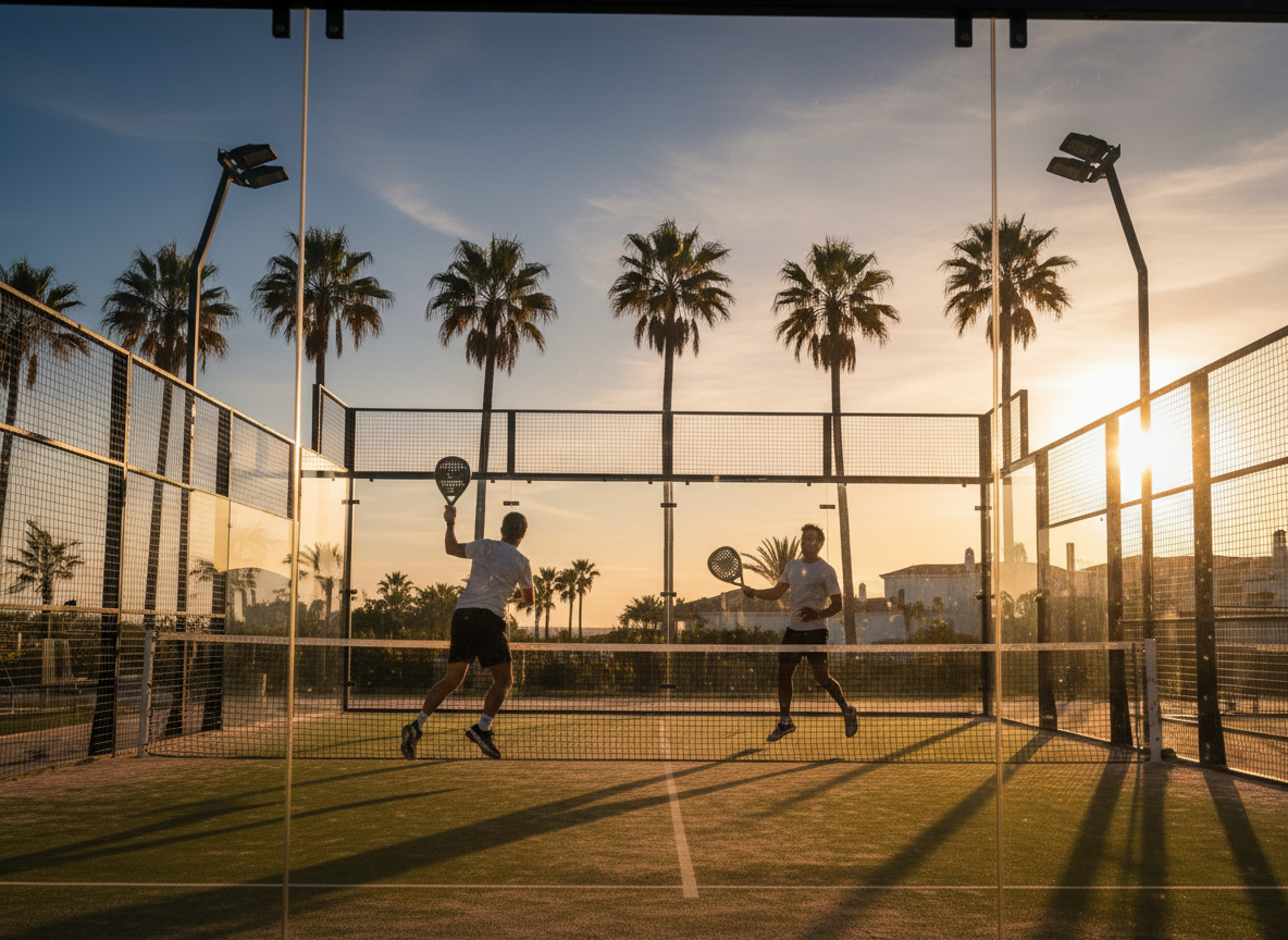 Padel players mid-rally on a sunlit outdoor court in the Algarve at golden hour