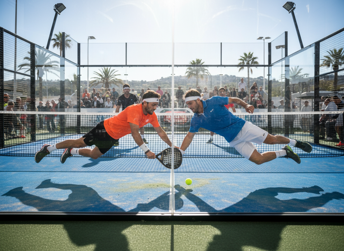 Competitive padel match with athletic players on an Algarve court