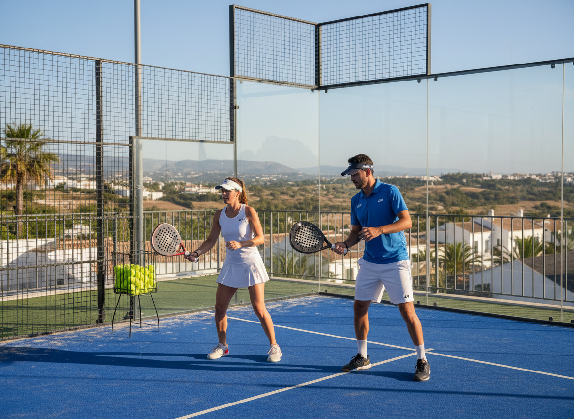A padel coach demonstrating technique to a player on an Algarve court