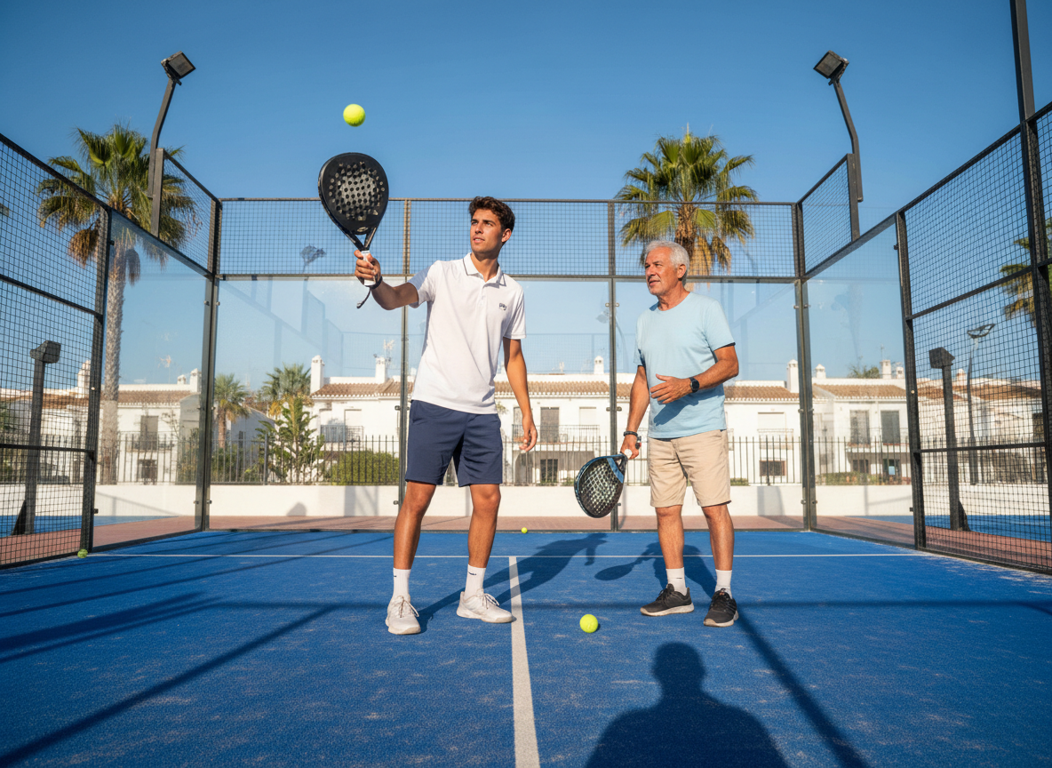 A young padel coach training an older man on a padel court